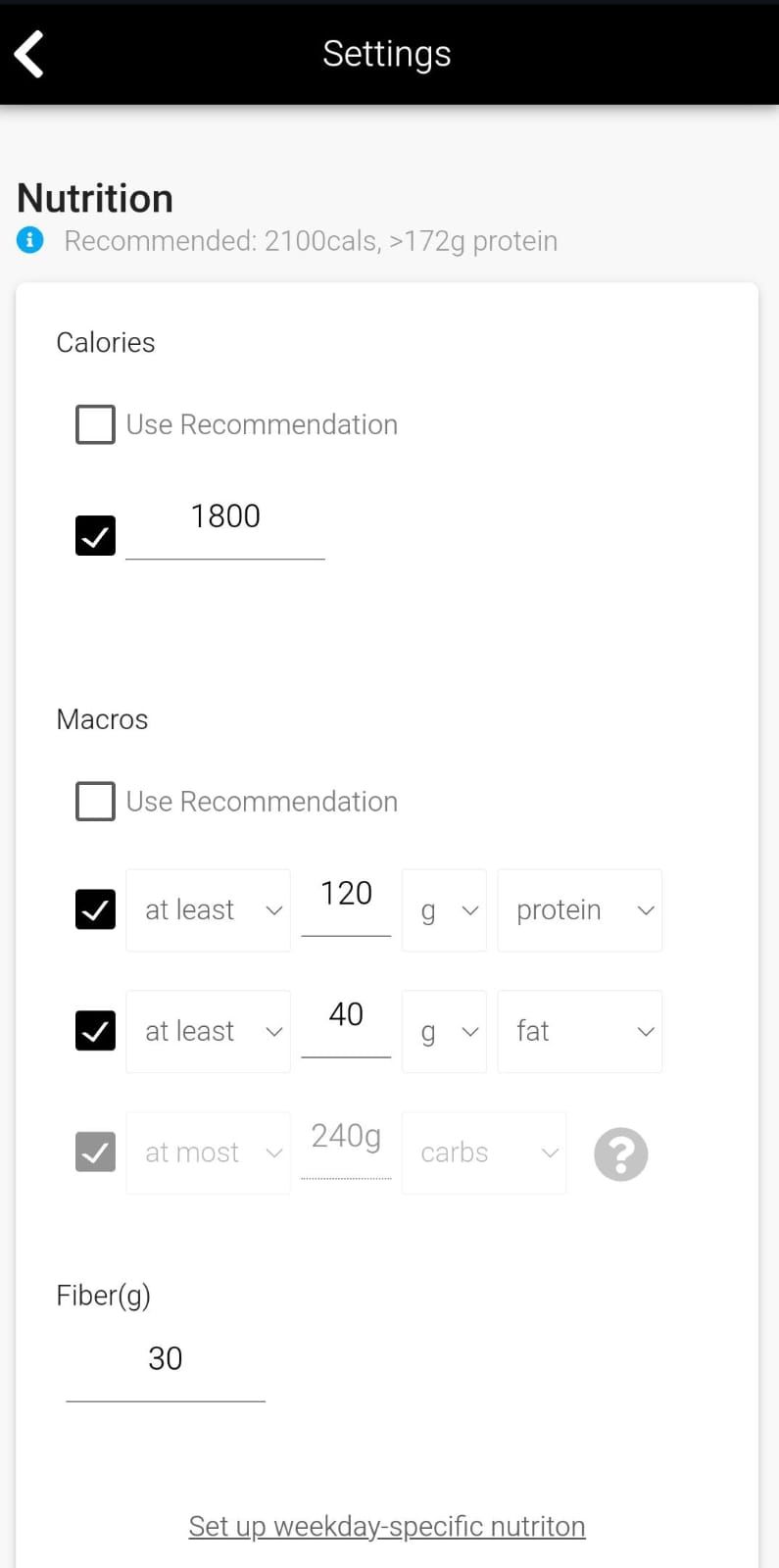 App screenshot showing nutrition parameters which a user can set e.g. calories and macronutrient amounts.