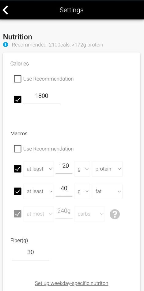 App screenshot showing nutrition parameters which a user can set e.g. calories and macronutrient amounts.