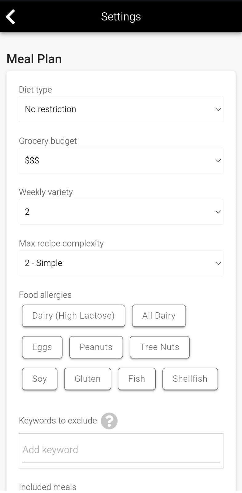 App screenshot showing dietary preferences which a user can set.