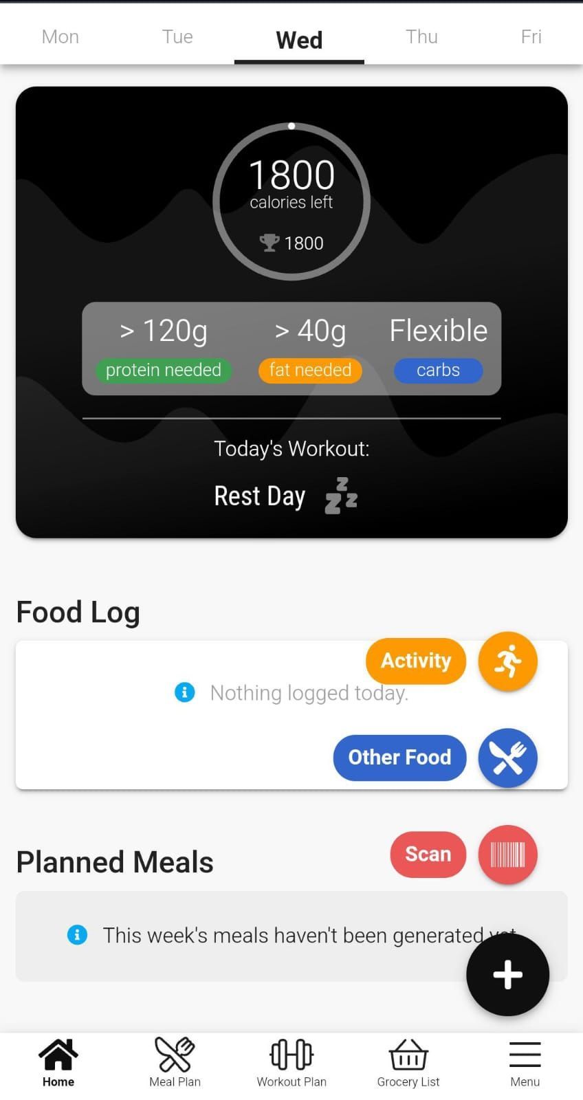 App screenshot showing the ability for users to log foods and activities, including those that are off-plan.