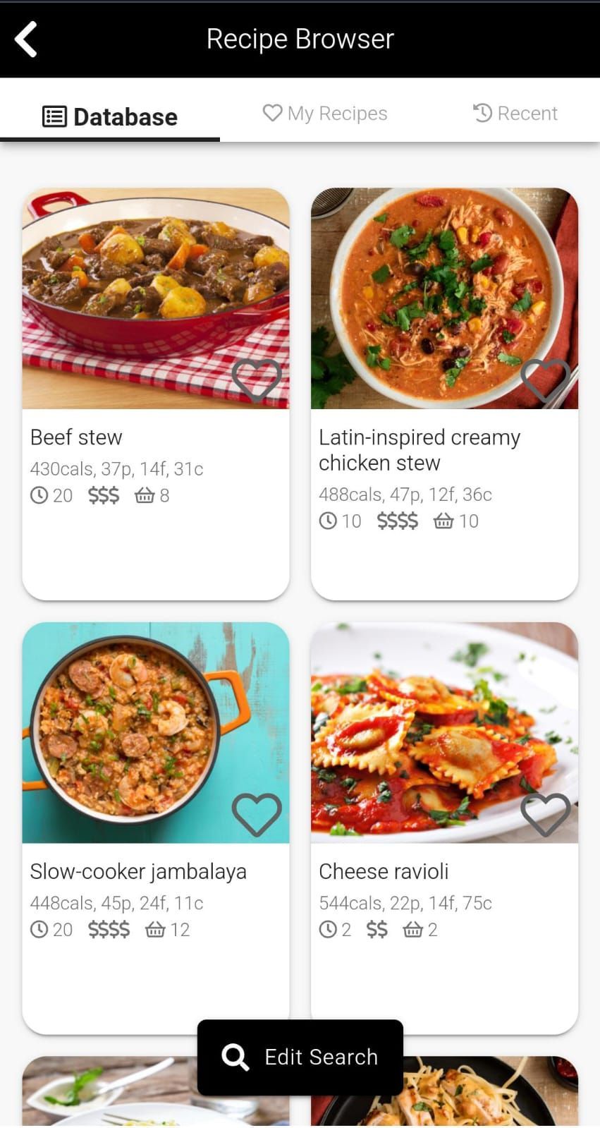 App screenshot showing the recipe browser.