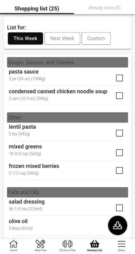 App screenshot showing grocery lists which are generated for your meal plan.