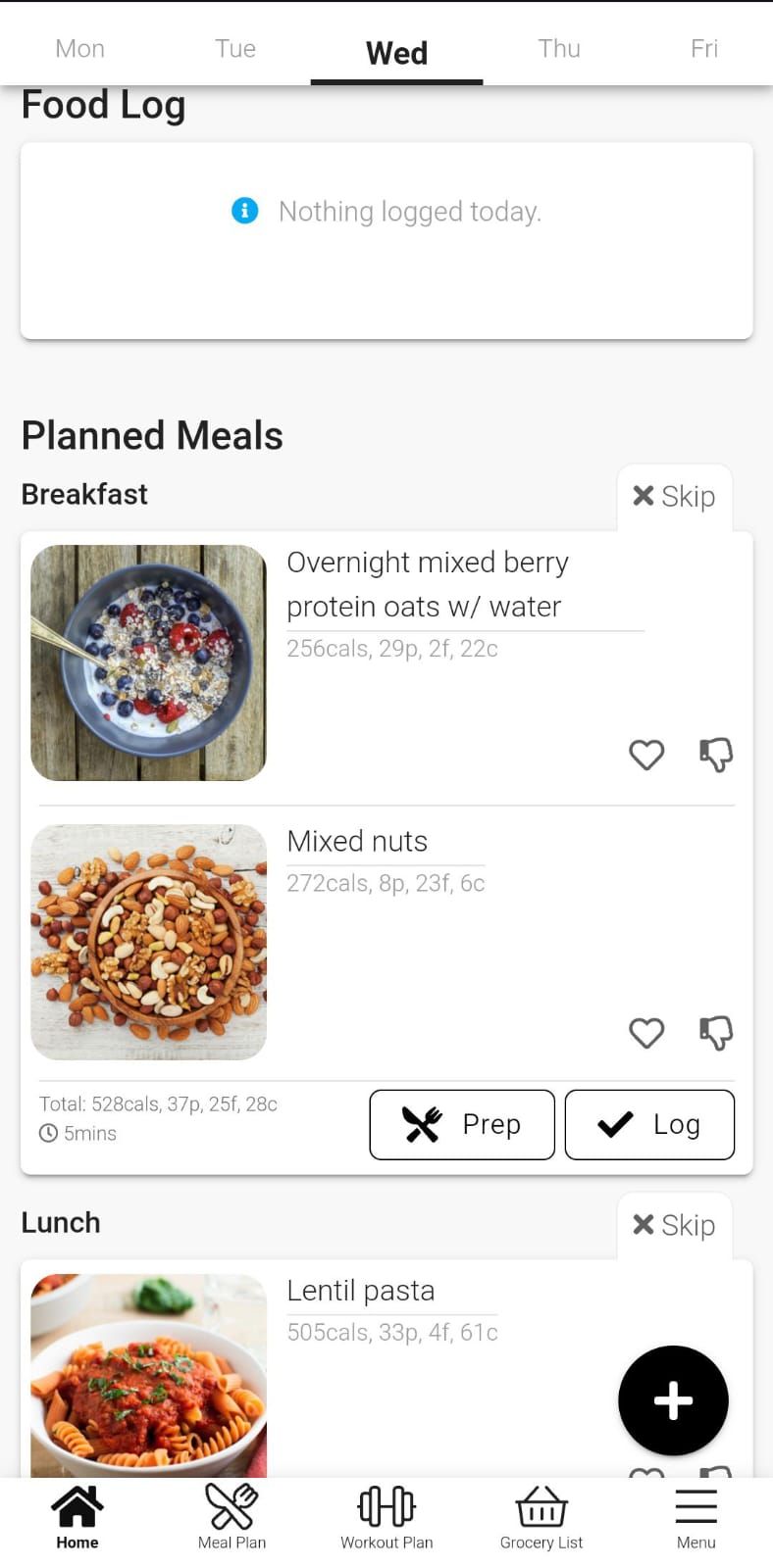 App screenshot showing the ability to log, like and dislike meals on-the-go.