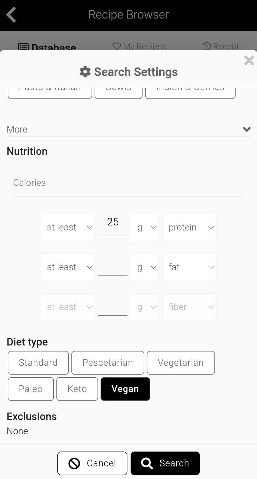 App screenshot showing the ability to filter by calories, macronutrients, dietary preferences, etc. in the recipe browser.