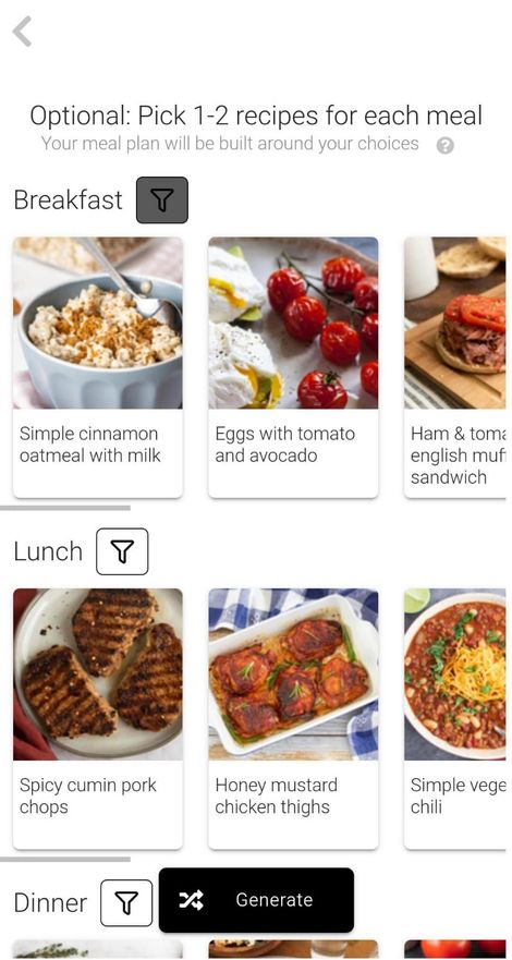 App screenshot showing the auto-generation of meals which include your optionally picked favorites.