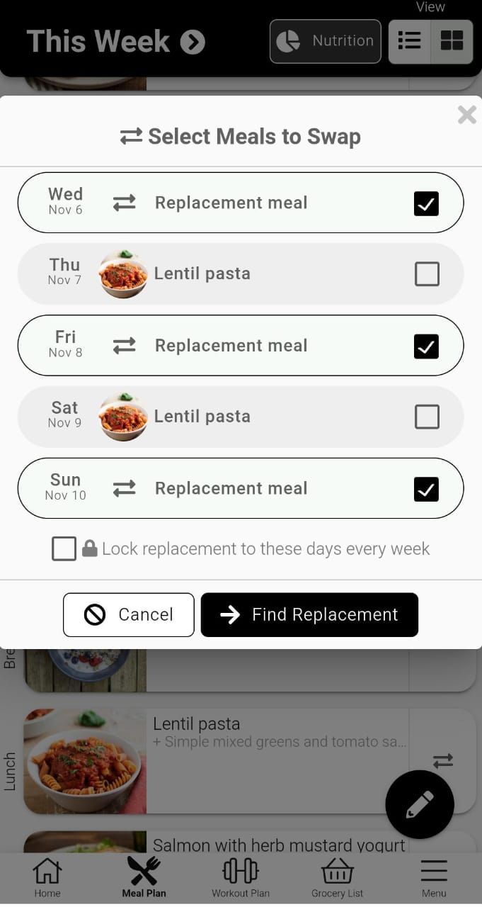 App screenshot showing the ability to swap out specific meals.