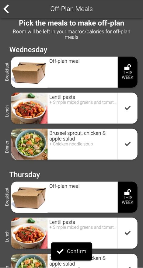 App screenshot showing weekly meal planning with off-plan meals, like marking Friday dinner off-plan for a birthday dinner.