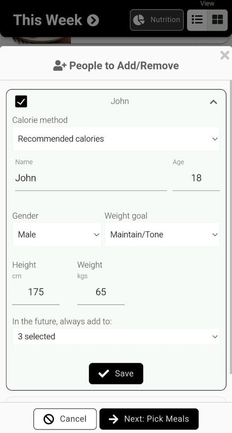 App screenshot showing the ability to meal plan for others with their personal quantities.