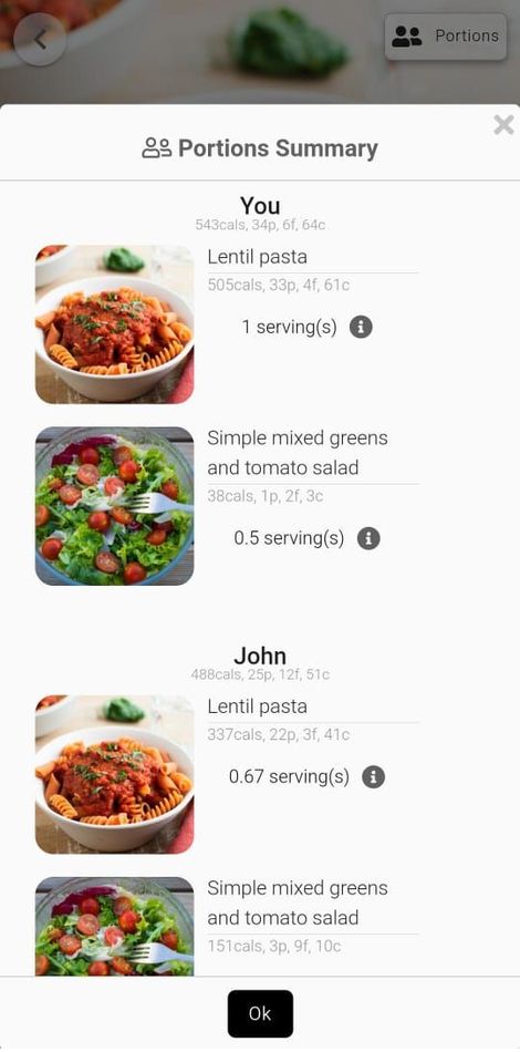 App screenshot showing the ability to view meal portions per person who you are meal prepping for.