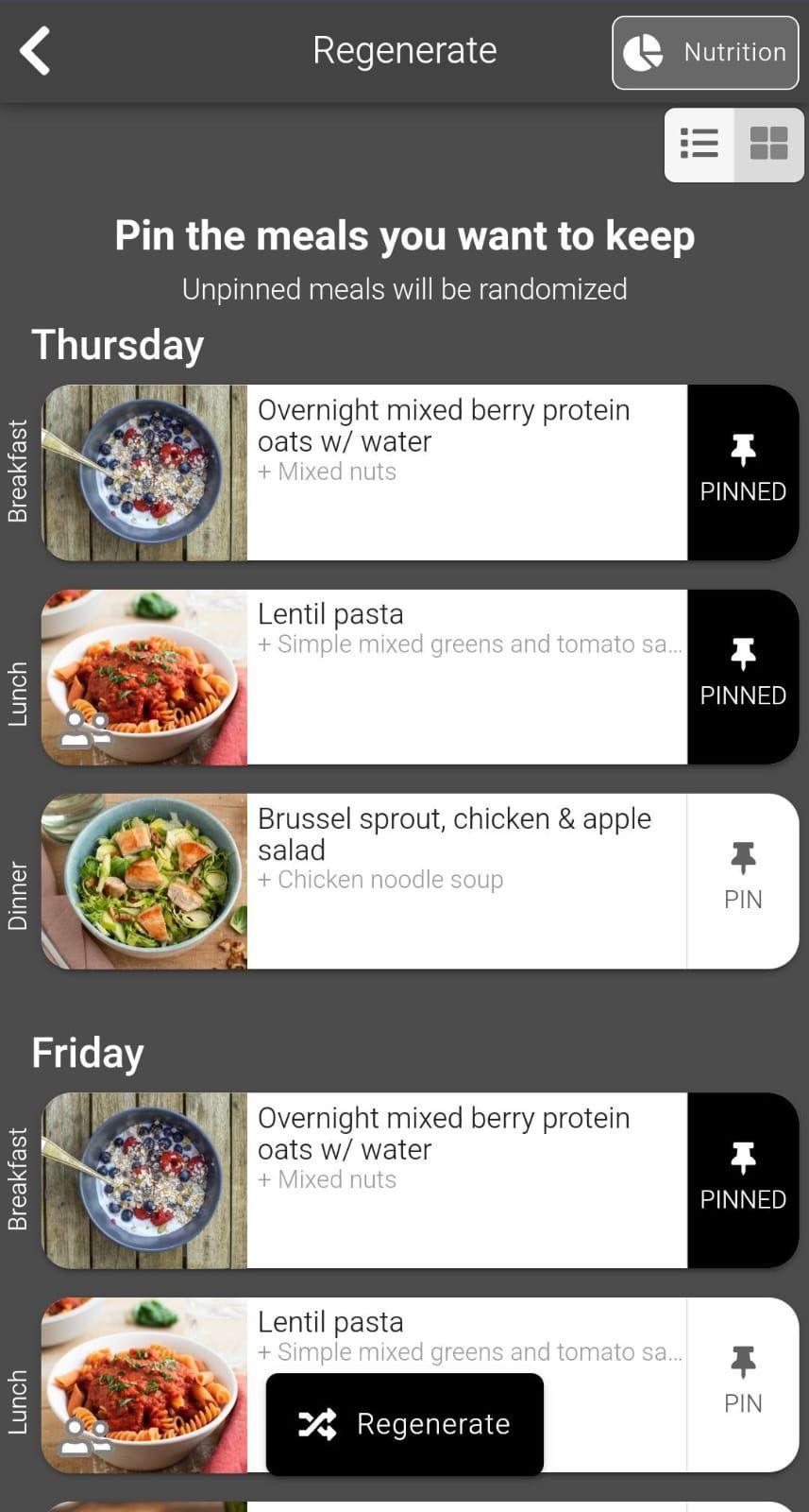 App screenshot showing the ability to pin liked meals in a generated meal plan and replace others.