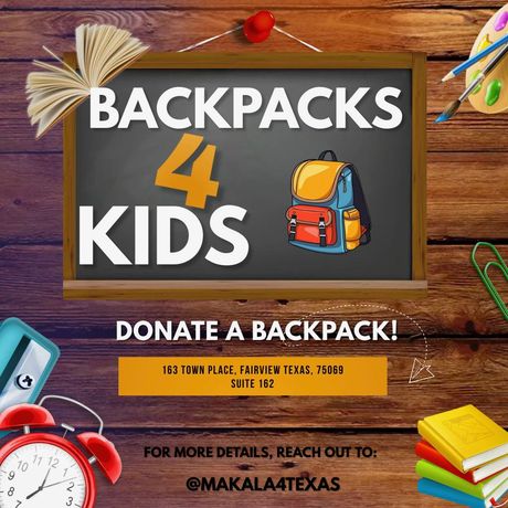 A sign that says backpacks 4 kids donate a backpack