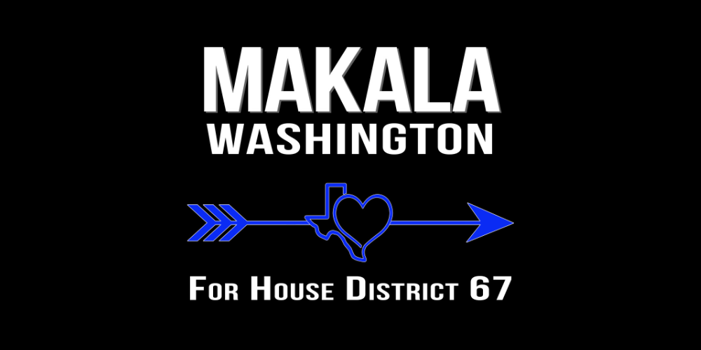 A black background with a blue arrow pointing to a heart and the words makala washington for house district 67.