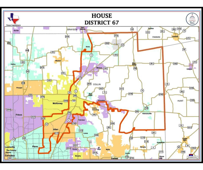 A map of the house district 67 in texas