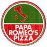 The logo for papa romeo 's pizza has a map of italia on it.