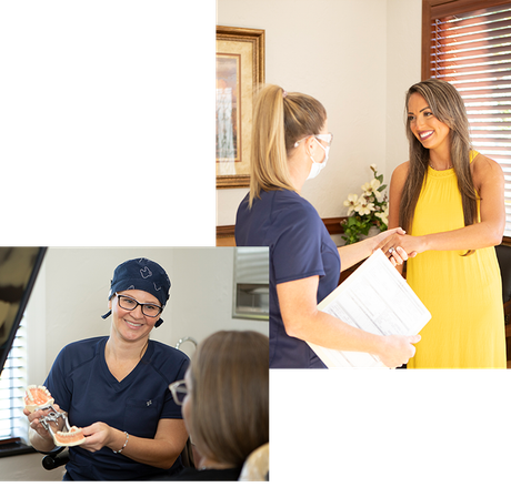 A woman in a yellow dress is shaking hands with a dentist