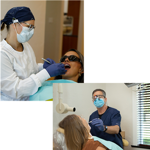 A woman is getting her teeth examined by a dentist