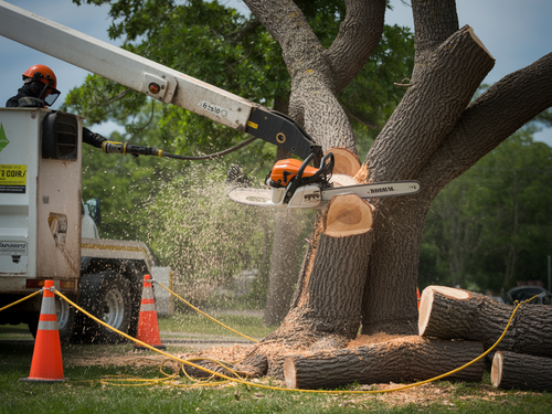 A lush, manicured green lawn framed by large, leafy trees under soft, golden sunlight, with a house visible on the left.