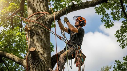 A tree climber in a safety helmet and harness works securely while suspended in a tree canopy.