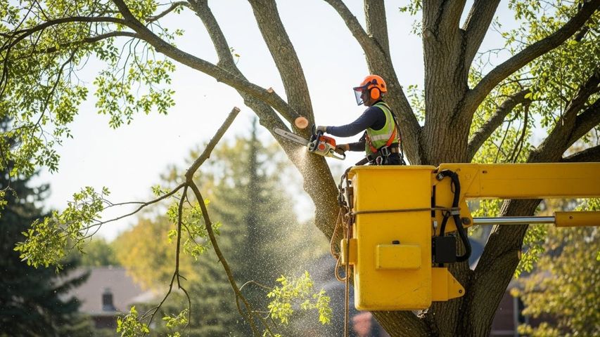 An arborist wearing safety gear uses a chainsaw to trim a tree branch from a yellow aerial lift bucket.