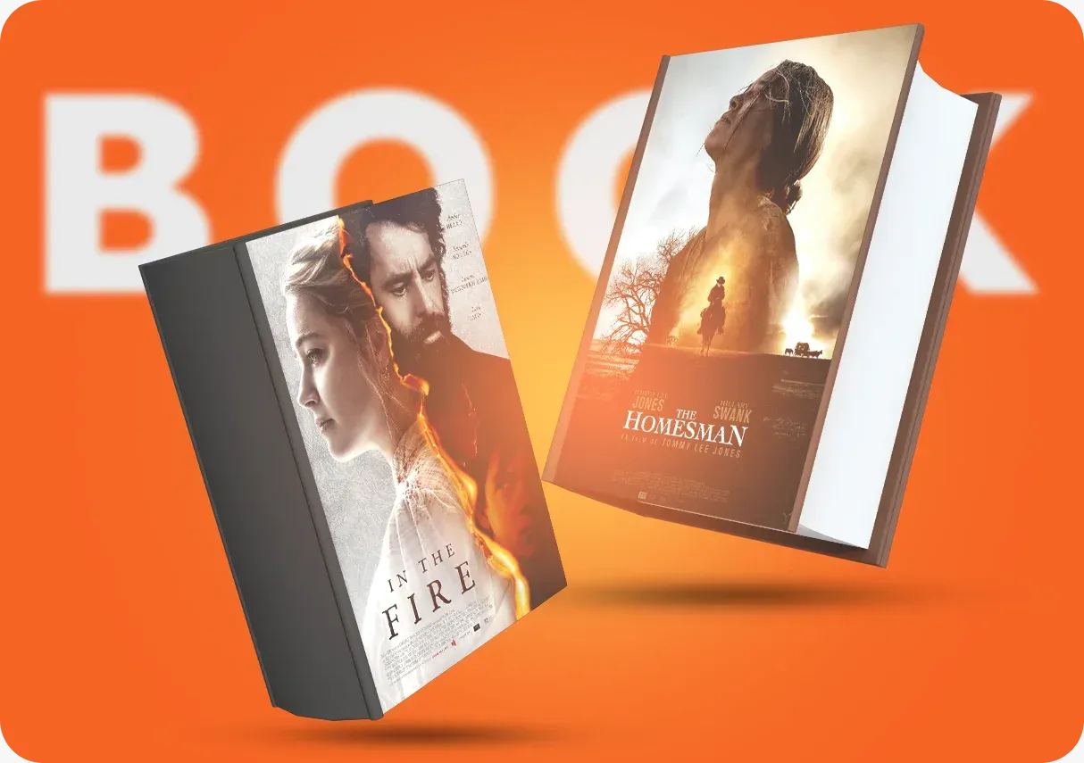 Two books with covers featuring movie posters, against an orange background.