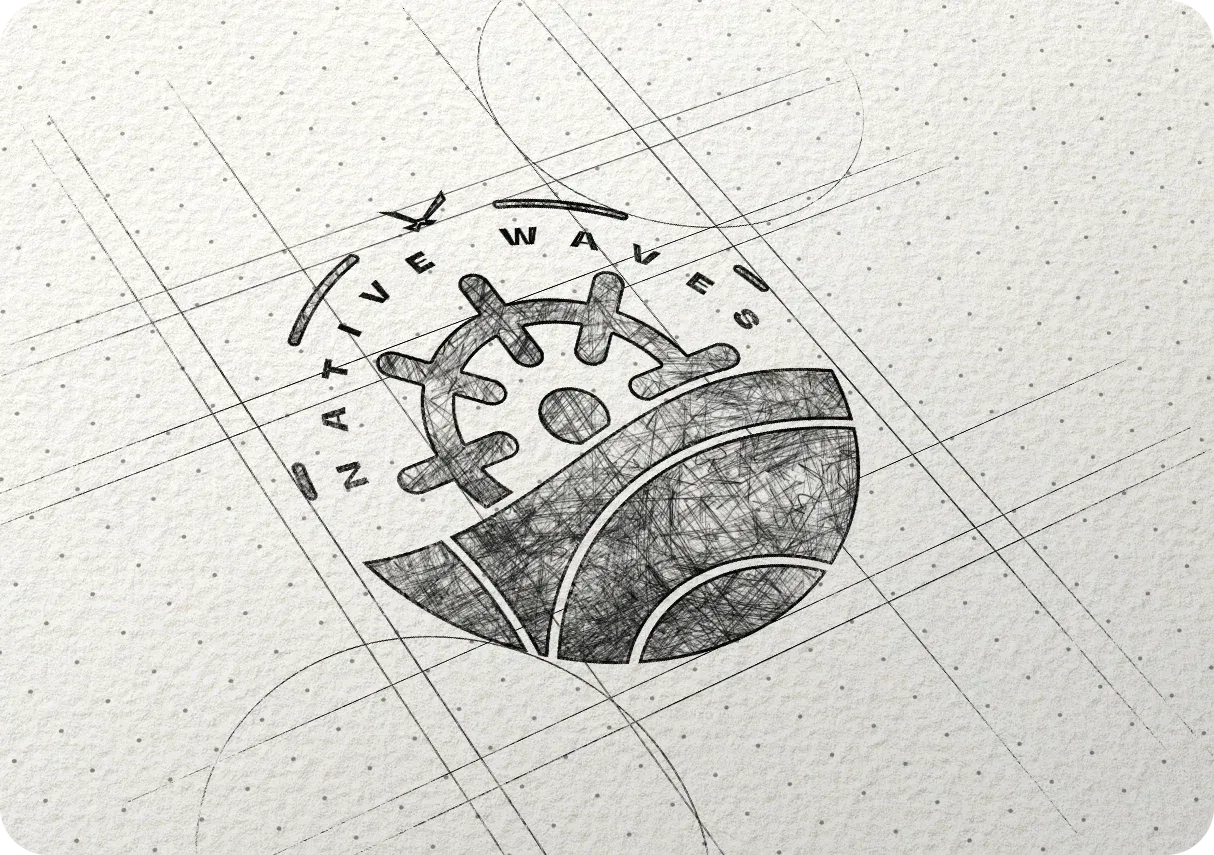 Sketch of a nautical-themed logo featuring a ship's wheel over stylized waves and the words 