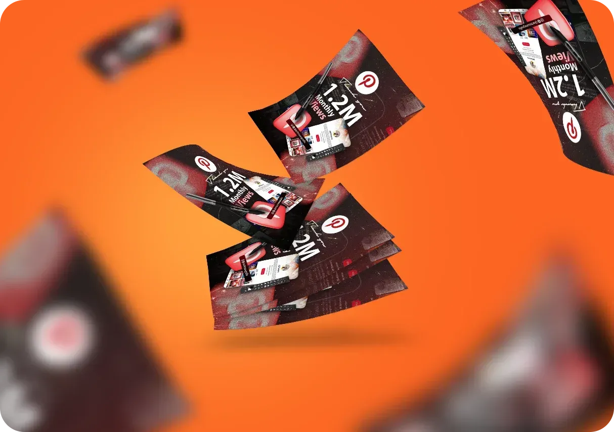 Cards with logos and numbers floating against an orange gradient background.