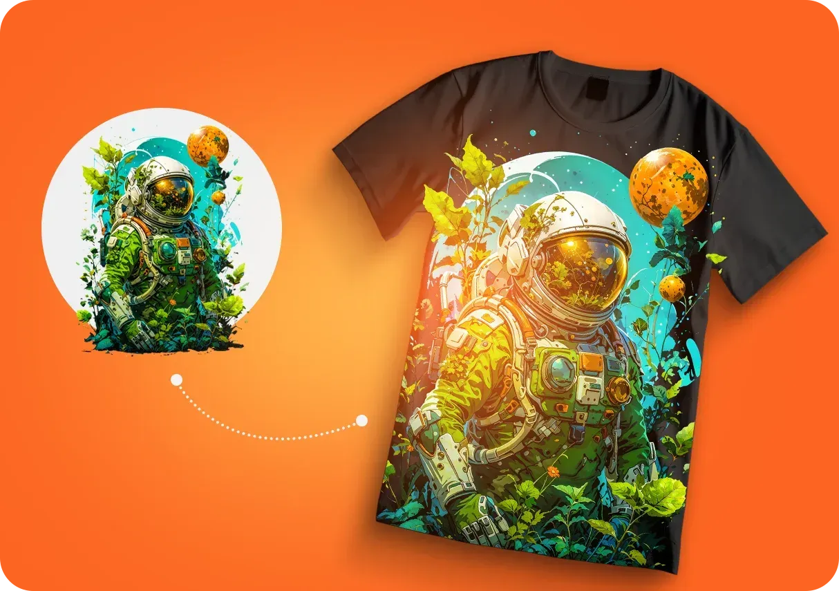 Astronaut in green vegetation graphic on a black t-shirt, set against an orange background.