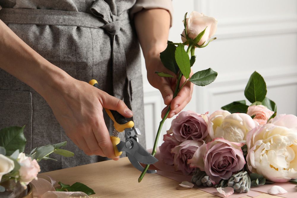 A Woman Is Cutting Flowers with Scissors on A Table — Pick-A-Bunch Florists & Gifts In Armstrong Beach, QLD