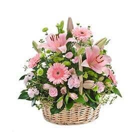 A basket filled with pink flowers and greenery on a white Background — Pick-A-Bunch Florists & Gifts In Sarina, QLD