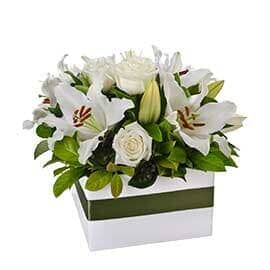A White Box Filled with White Flowers and Green Leaves — Pick-A-Bunch Florists & Gifts In Sarina, QLD