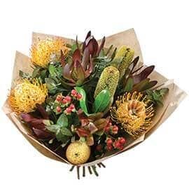 A Bouquet of Flowers Wrapped in Brown Paper on A White Background — Pick-A-Bunch Florists & Gifts In Sarina, QLD