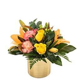 A Vase Filled with Yellow and Pink Flowers on A White Background — Pick-A-Bunch Florists & Gifts In Sarina, QLD