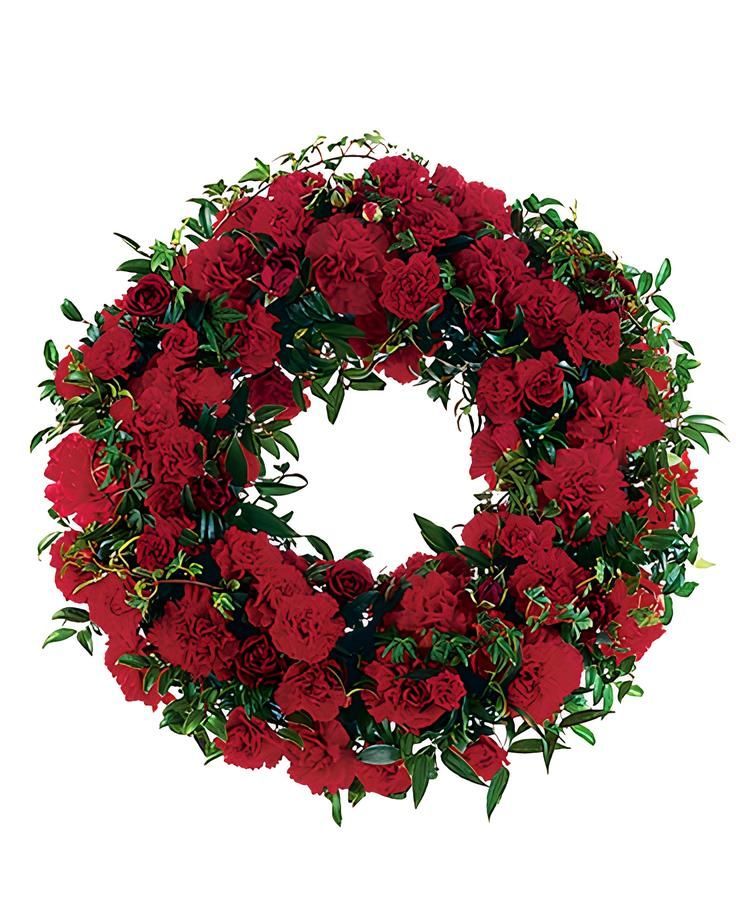 A Wreath of Red Flowers and Green Leaves on A White Background — Pick-A-Bunch Florists & Gifts In Armstrong Beach, QLD