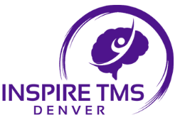 The logo for inspire tms denver has a purple brain and a person in a circle.