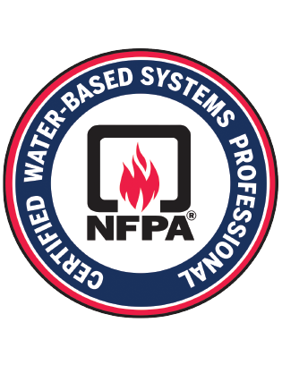 NFPA Certified Water-Based Systems Professional circular emblem with a red flame icon on a dark blue background.