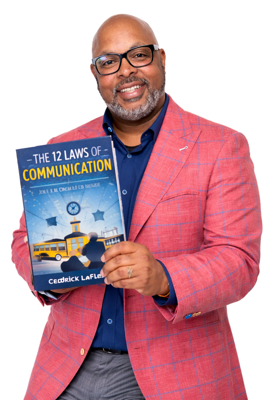 A smiling person wearing a red blazer and glasses holds a book titled 