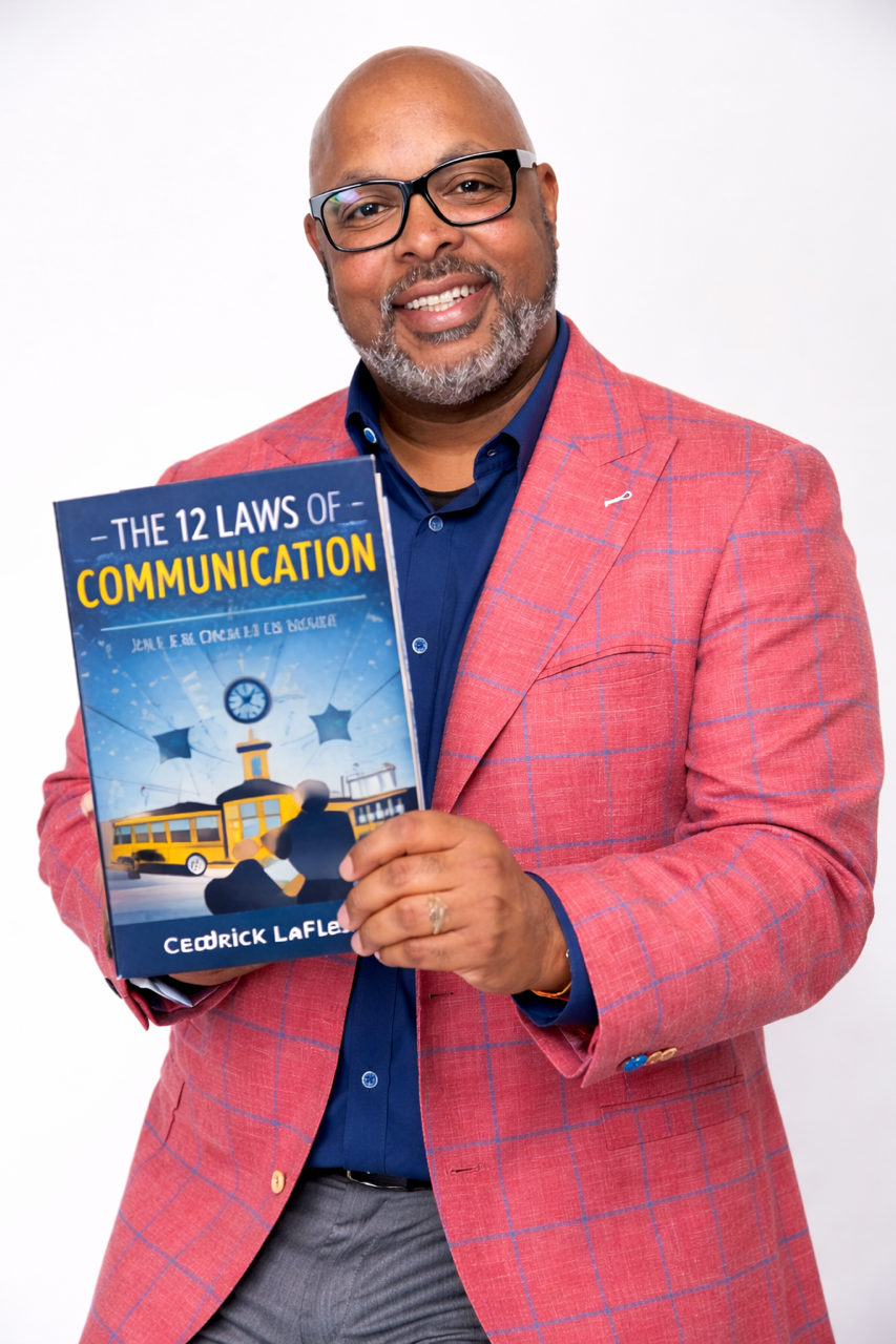 Man holding a book titled, 