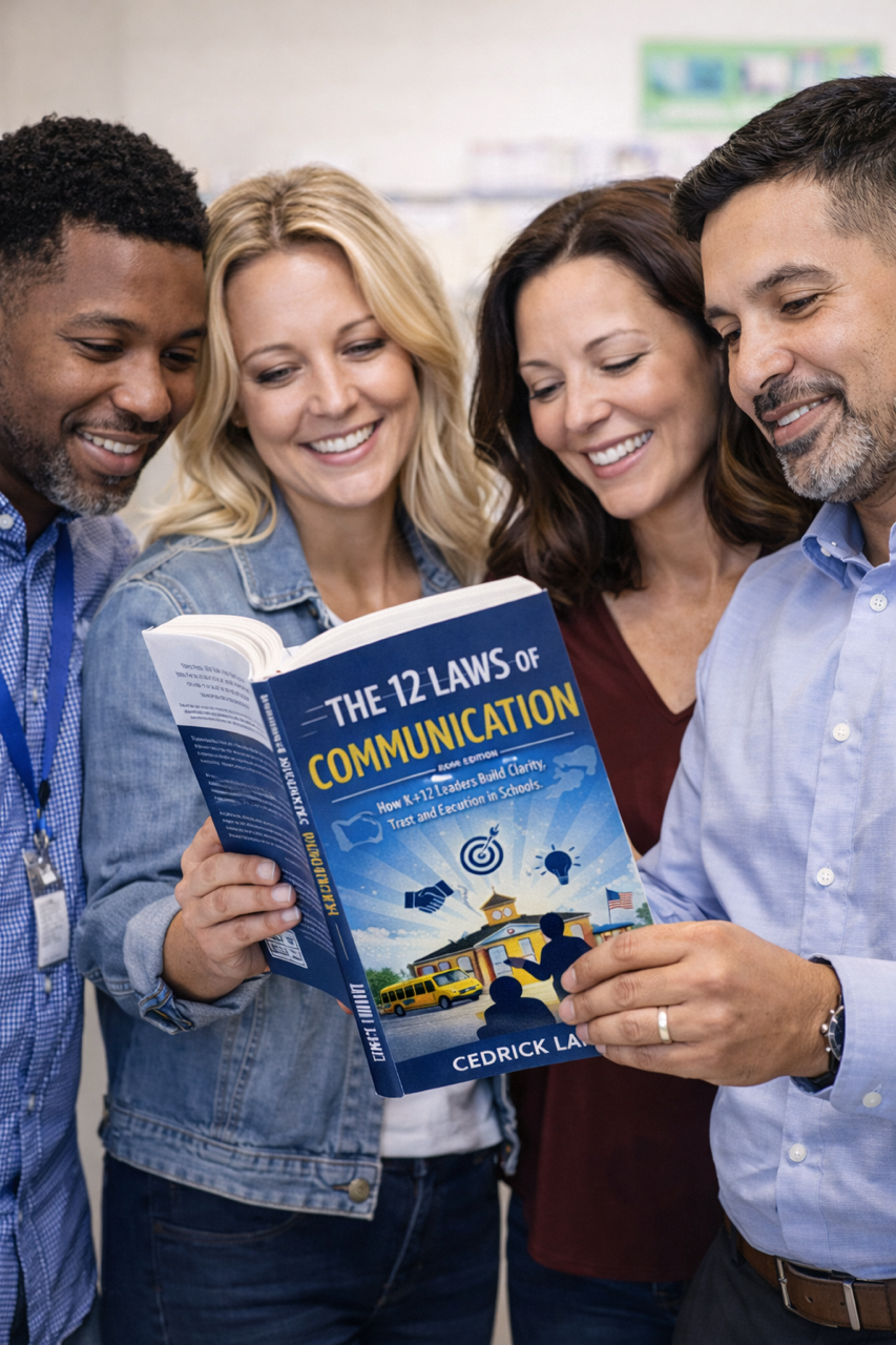 Four people looking at a book titled 