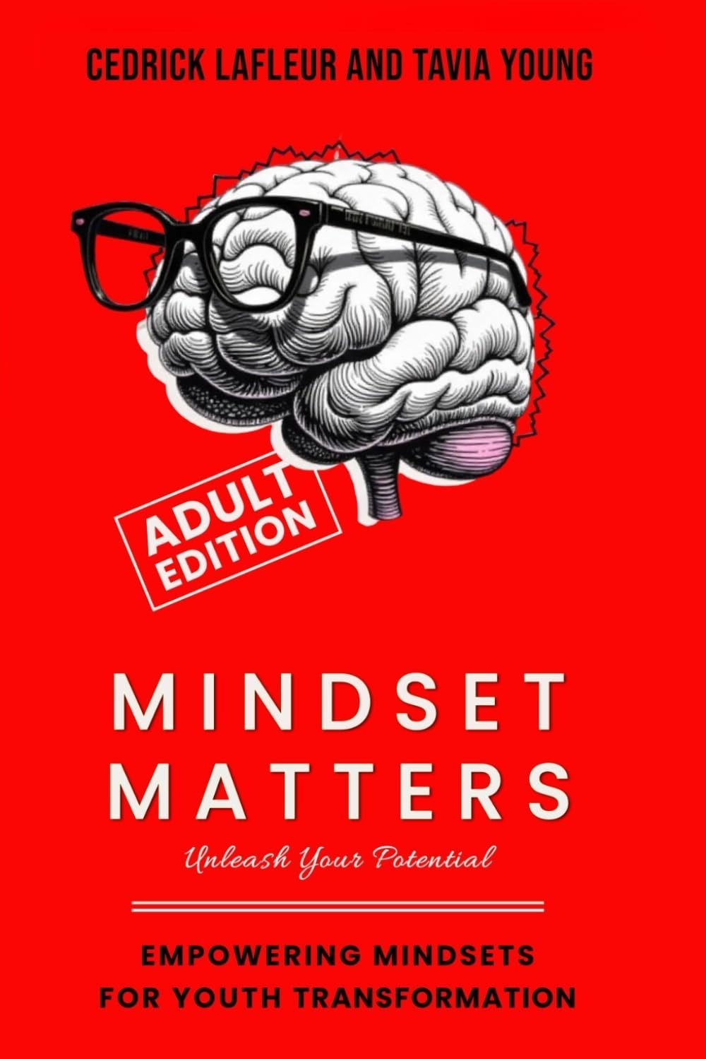 Book cover titled Mindset Matters by Cedrick Lafleur and Tavia Young, featuring a brain wearing glasses on a red background.