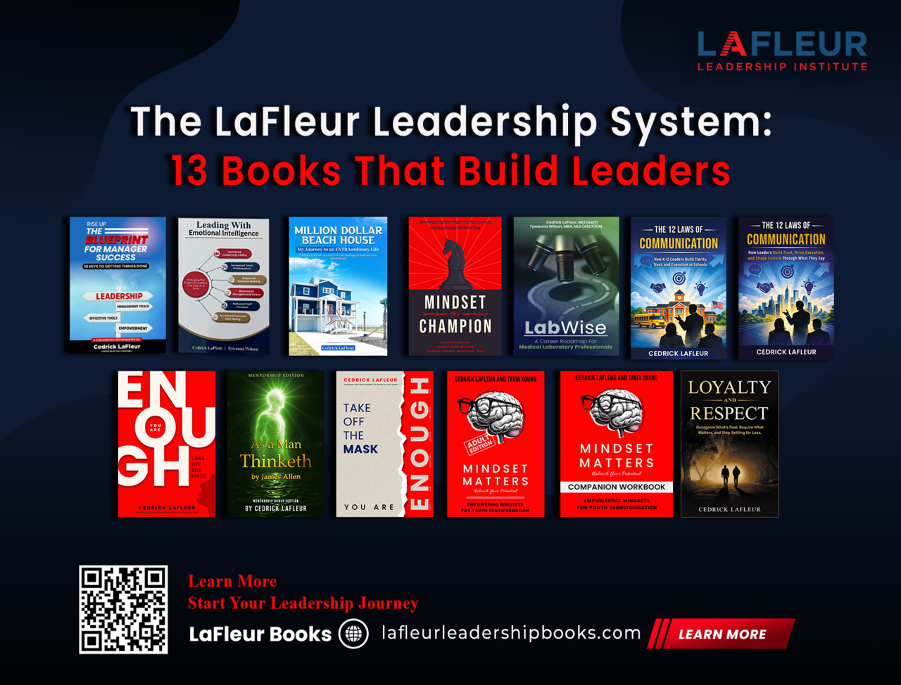 A promotional graphic showing 13 book covers from The LaFleur Leadership System, with a link to lafleurleadershipbooks.com.