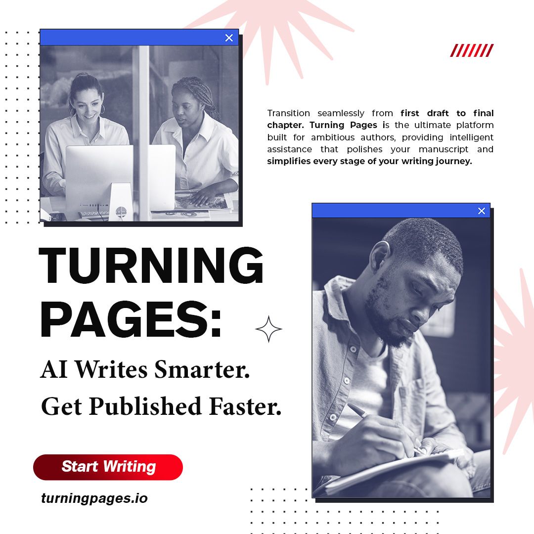 Advertisement for Turning Pages, an AI writing platform. Women and a man are shown working.