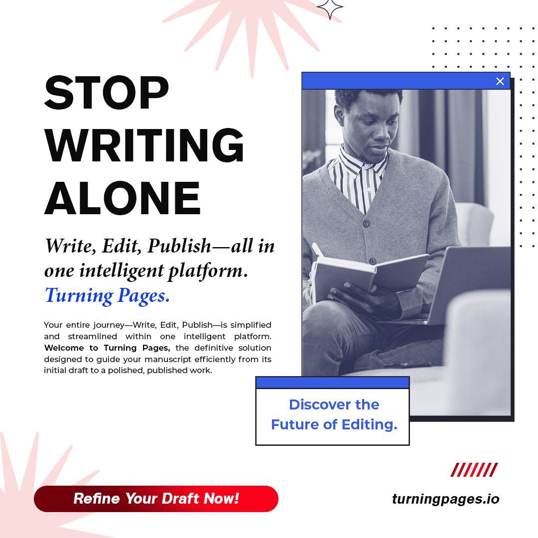 Advertisement for Turning Pages editing platform. Man reading with laptop, text: 