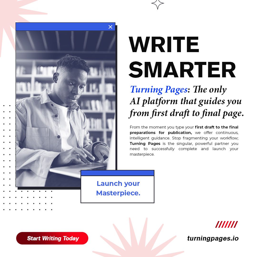 Advertisement for AI writing platform, featuring a man writing. Text: 