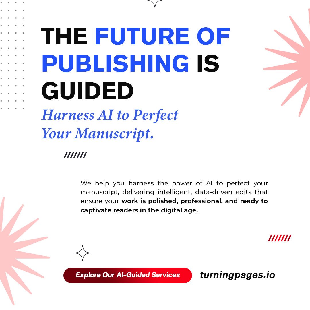 Advertisement for AI-guided publishing services. Blue and white text on a black background. Includes a call to action and a website address.