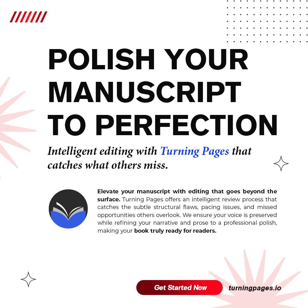 Advertisement for Turning Pages editing services: text 