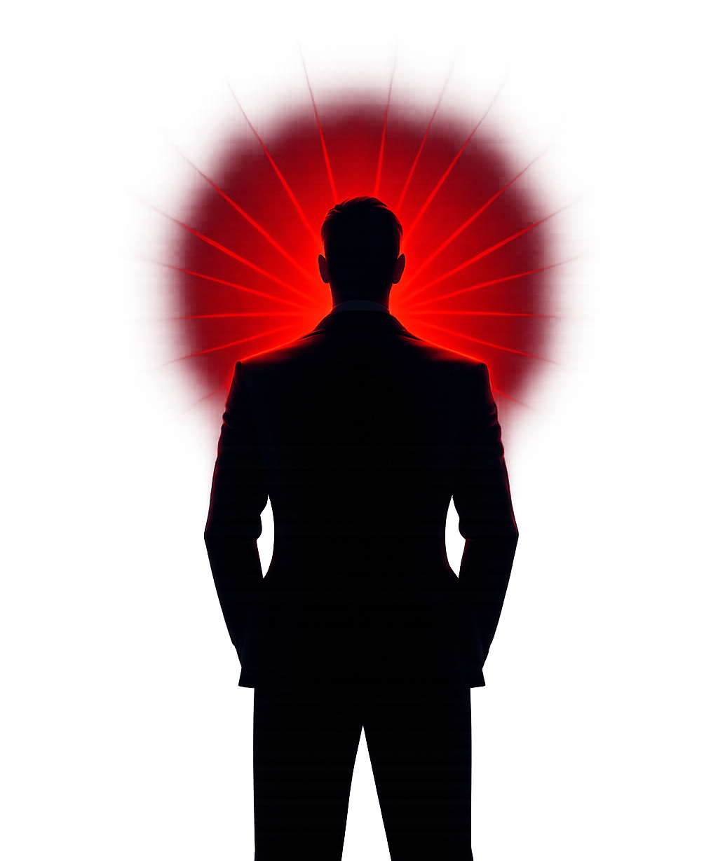 A silhouette of a person in a suit standing against a bright, circular red glowing background.