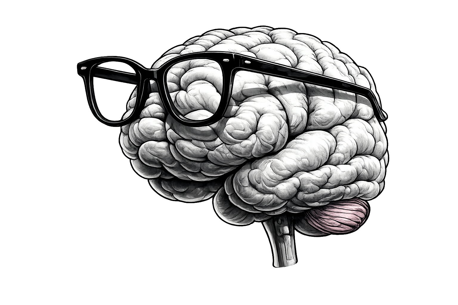 A human brain illustration wearing black-rimmed glasses, isolated on a white background.