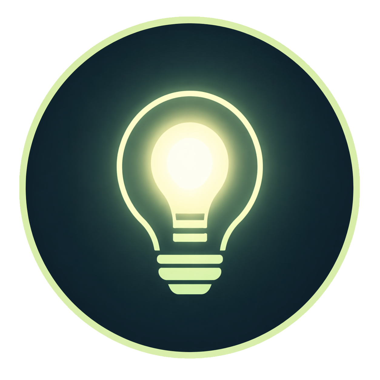 A glowing light bulb icon centered within a dark circle with a light green border.