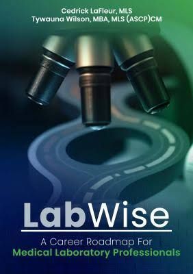 Book cover for LabWise, featuring a microscope lens over a road illustration, with authors and title text in green and white.
