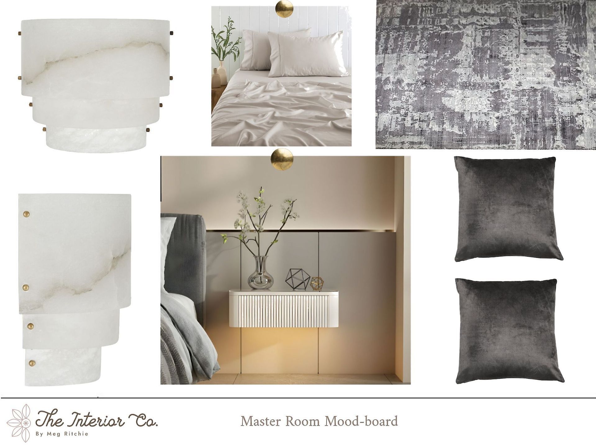A mood board for a bedroom with a bed and pillows  for Interior Design Tugun